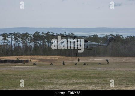 Royal Dutch Marines mit 2 Platoon, 32 Streifzüge Squadron, Sicherheit nach schnellen Abseilen aus der CH-53E Super Stallion aus Marinen schweren Helikopter Squadron 366 (HMH-366) Während der Niederländischen bilateralen (Niederländisch Bilat) jährliche Übung, auf Camp Lejeune in North Carolina, 19. März 2019. Niederländische Bilat bringt US-Marines und Royal Dutch Marines zusammen Beziehungen und zur Erhöhung der Interoperabilität zu stärken. (U.S. Marine Corps Foto von Lance Cpl. Nathaniel f. Hamilton) Stockfoto