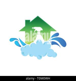 Reinigung Vektor logo Emblem oder Icon Design vorlage. Reinigen Haus isoliert Abbildung. Haus mit Schaum Seife Schaum und Wasser Tropfen Stock Vektor
