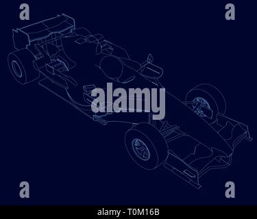 Vektor Umrisse eines Sportwagens. Kontur des Sports Racing Auto des blauen Linien auf einem dunklen Hintergrund. Isometrische Ansicht. 3D. Vector Illustration Stock Vektor