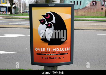 Reklametafeln Roze Filmdagen in Amsterdam Die Niederlande 2019 Stockfoto