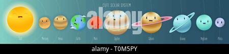 Cute Sonnensystem im Raum Cartoon Stil mit Namen und Umlaufbahnen Stock Vektor