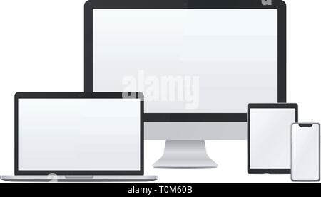 Desktop-PC, Laptop, Tablet PC und Smartphone auf weißem Hintergrund. Technische Geräte Schablone mit leeren Bildschirm. Realistische mockup Vektor Desig Stock Vektor