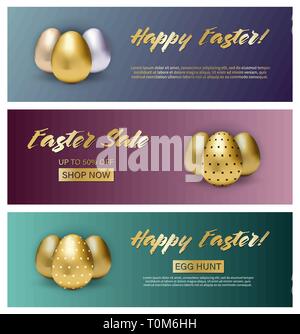 Satz von drei Ostern Banner auf verlaufshintergrund in verschiedenen Farben mit metallischen Eiern Stock Vektor