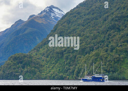 Kreuzfahrtschiff auf Doubtful Sound, Fjordland National Park, Doubtful Sound, Südinsel, Southland, Neuseeland, Australien Stockfoto