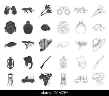 Afrika, Tier, Tasche, Fernglas, schwarz, Outline, Auto, Sammlung, Dart, Verteidigung, Diamanten, Elefant, Unterhaltung, Ausrüstung, Flasche, Hut, Hobby, Jagd, Jäger, Icon, Illustration, isoliert, Kerosin, Lampe, Leopard, Karte, Maske, Natur, Gewehr, Safari, Savanne, Savannah, Vogelscheuche, Set, Schild, Speer, Symbol, Zelt, Gebiet, Reisen, Baum, Stamm, Trophäe, Tropen, Vector, Wachturm, Wasser, wilde Vektor Vektoren, Stock Vektor