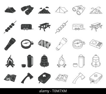 Ax, Tasche, Sitzbank, Fernglas, schwarz, Outline, Camp, Lagerfeuer, camping, campingplatz, Auto, Wohnwagen, Brust, Sammlung, compas, Design, Ausstattung, Brennholz, Taschenlampe, grau, Wandern, Icon, Illustration, isoliert, Kebab, Messer, Logo, Karte, match, Fleisch, Medizin, Berge, Natur, Übernachtung, Parkplatz, Satz, Zeichen, Sommer, Symbol, Zelt, Thermoskanne, Tourismus, Touristen, Trailer, Reise, Urlaub, Vector, Vektor, Vektoren, Stock Vektor