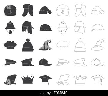 Hunt, Sailor, earflap, Santa, Helm, Feuerwehrmann, Koch, Winter, Wizard, cop, Taxi, Baseball, top, Krone, Absolvent, Deutschen, Mariner, Weihnachten, Safari, Builder, Kocher, Beanie, Hexe, Polizei, Taxifahrer, Sport, Tophat, Kopfbedeckungen, Kappe, Hut, Kopfbedeckung, Kleidung, Kostüm, Kopf, Beruf, Charakter, Stil, Set, collection, Vector, Symbol, Web, Logo, Illustration, Design, isoliert, Symbol, Zeichen, Schwarz, Kontur, Farbe Vektor Vektoren, Stock Vektor