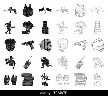 Kunst, Bälle, Fässer, Barricade, schwarz, Outline, blau, Sammlung, Wettbewerb, Design, Ausstattung, Feld, fingerlose, Fahnen, Spiel, Handschuhe, Granaten, Gewehr, Hand, Handheld, Hobby, Icon, Illustration, isoliert, Logo, Maske, Militär, Outfit, Paintball, Player, Abspielen, Rot, Satz, Zeichen, Sport, Symbol, Team, Reifen, Transceiver, Uniform, Vector, Weste, web Vektor Vektoren, Stock Vektor