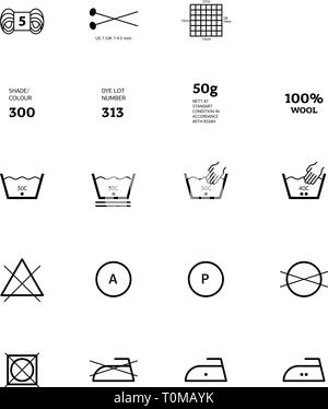 Garn label Informationen. Vector Icons Stoff, Kleidung Eigenschaft Symbole. Elemente - winddicht, Wolle, wasserabweisend, UV-Schutz. Linearer Verschleiß la Stock Vektor