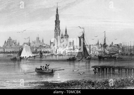 Geographie/Reisen, Belgien, Antwerpen, Blick über die Schelde, Lithographie von Rouarges, ca. 1855,- Additional-Rights Clearance-Info - Not-Available Stockfoto