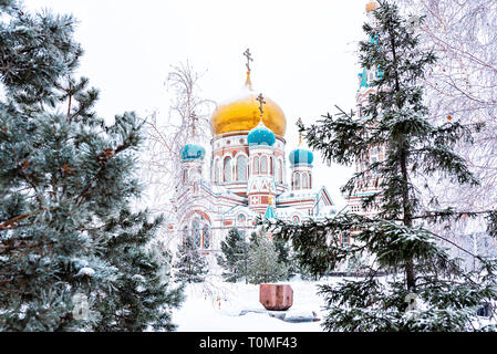 Kathedrale im Winter, Omsk, Sibirien, Russland Stockfoto