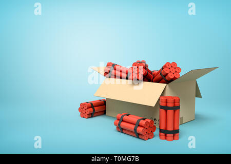 3D-Rendering von tnt Dynamite Sticks im Karton auf blauem Hintergrund Stockfoto