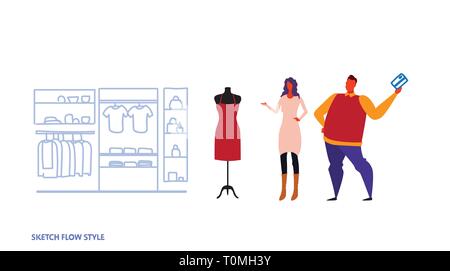 Mann Frau Wahl neues Kleid Paar ständigen Modern Fashion Shop weibliche Kleidung Market Einkaufszentrum Innenraum Skizze flow Stil horizontal Stock Vektor
