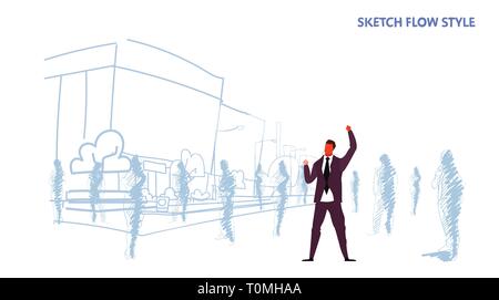 Geschäftsmann aufgeregt holding hands up erhobenen Arme Geschäftsmann heraus stehen Leute Silhouetten Sieger erfolg konzept Stadtbild Hintergrund Skizze Stock Vektor