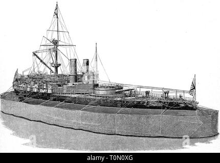Transport/Verkehr, Navigation, Kriegsschiffe, britischen Schlachtschiff HMS Victoria mit Torpedo net, Holzstich, ca. 1895,- Additional-Rights Clearance-Info - Not-Available Stockfoto