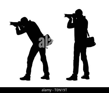 Realistische Darstellung der Silhouette eines Mannes, der Fotograf mit der Kamera und Tasche. Isolierte Vektor auf weißem Hintergrund Stock Vektor