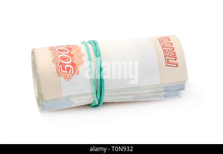 Geld rollte in ein Röhrchen, konisch Gummiband isoliert auf weißem Stockfoto