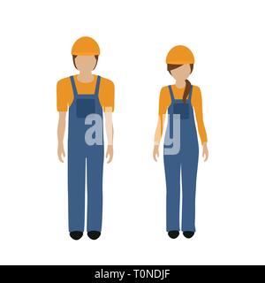 Mann und Frau Charakter Bau Arbeiter im Blaumann auf weißem Hintergrund Vektor-illustration EPS 10 isoliert Stock Vektor