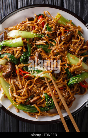 Stir Fry von udon Nudeln mit Pak Choi und Shiitake-pilze close-up auf einem Teller. Vertikal oben Ansicht von oben Stockfoto