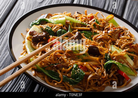Asiatisch vegetarisch essen Udon Nudeln mit Baby Bok Choy, Shiitake-Pilze, Sesamöl und Pfeffer close-up auf einem Teller auf den Tisch. Horizontale Stockfoto