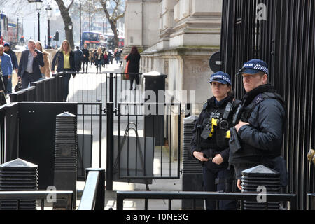 Bewaffnete Polizisten, Eintritt in 10 Downing Street, London. Großbritannien Stockfoto