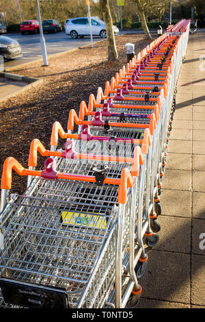 Eine Linie von leeren Sainsbury's Supermarkt Wagen warten auf Kunden in Chippenham Wiltshire England Großbritannien Stockfoto