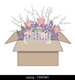 Blumenstrauß aus der Feder doodle Hyazinthen und Tulpen Blumen im Karton isoliert auf Weiss. Vector Illustration. Frühling blumige Komposition. Stock Vektor