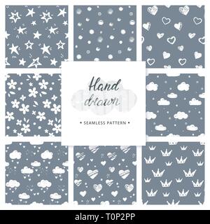 Black and white hand drawn vector set of 8 background seamless patterns. Stock Vektor