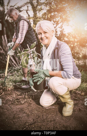 Porträt von glücklich weibliche Gärtner mit Topfpflanze im Garten Stockfoto