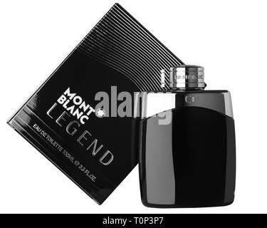 Mont Blanc Legende Eau de Toilette parfum Flasche und Einzelhandel Feld Präsentation auf einem weißen Hintergrund. Schwarz-weiß-Bild. Stockfoto