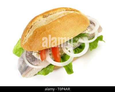 Matjes Hering - Fisch Bun auf weißem Hintergrund Stockfoto