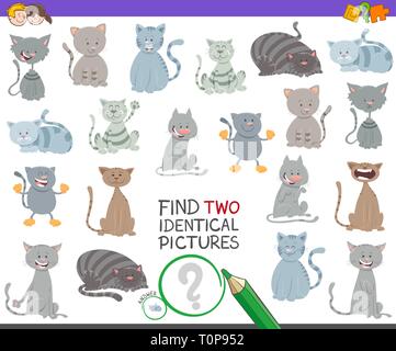 Cartoon Illustration, zwei identische Bilder Lernspiel für Kinder mit niedlichen Katzen und Kätzchen Lustige Figuren Stock Vektor