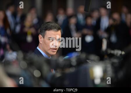 Brüssel, Belgien. 21 Mär, 2019. Der spanische Premierminister Pedro Sanchez spricht mit Journalisten vor dem EU-Gipfel auf Brexit, in Brüssel, Belgien, am 21. März 2019. Credit: Jakub Dospiva von der Nachrichtenagentur CTK/Foto/Alamy leben Nachrichten Stockfoto