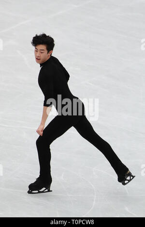 Saitama, Japan. 21 Mär, 2019. Nathan Chen der Vereinigten Staaten führt während der kurzen Programm Wettbewerb der Männer von 2019 ISU World Eiskunstlauf-WM an der Saitama Super Arena in Saitama, Japan, am 21. März 2019. Credit: Du Xiaoyi/Xinhua/Alamy leben Nachrichten Stockfoto