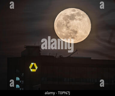 21. März 2019, Hessen, Frankfurt/Main: Der Vollmond steht über eine Commerzbank Gebäude. Foto: Frank Rumpenhorst/dpa Stockfoto