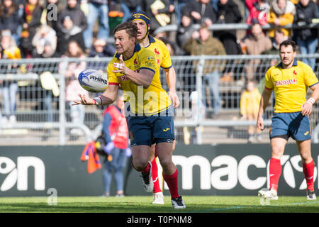 17. März 2019, Nordrhein-Westfalen, Köln: Reisepass von Andrew Norton (Spanien, 10). Fünften Spiel der Rugby Europa Meisterschaft 2019: Germany-Spain am 17.03.2019 in Köln. Foto: Jürgen Kessler/dpa Stockfoto