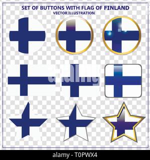 Satz von Banner mit Fahne von Finnland. Bunte Illustrationen mit Fahnen für Web Design. Abbildung mit transparenten Hintergrund. Stock Vektor