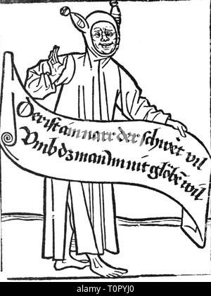 Allegorien, Irrationalität, Narr mit Banderole, "Das eine ist ein Dummkopf, der Gelübde auf, was niemand glaubt", Holzschnitt, Deutschland, ca. 1460 - 1470 Additional-Rights - Clearance-Info - Not-Available Stockfoto