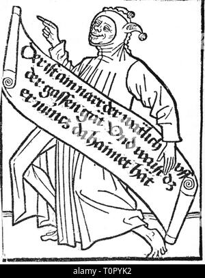 Allegorien, Irrationalität, Narr mit Banderole, "Das eine ist ein Dummkopf, der Geschwindigkeit des Konvergenzfortschritts allerschönste auf der Bahn und zeigt es ist seine einzige Home', Holzschnitt, Deutschland, ca. 1460 - 1470 Additional-Rights - Clearance-Info - Not-Available Stockfoto
