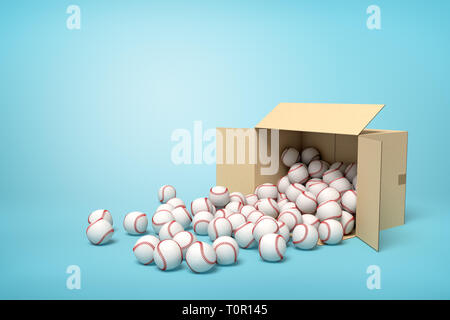 3D-Rendering des offenen Karton liegend sidelong voller Baseballs mit einigen Kugeln auf dem Boden. Stockfoto