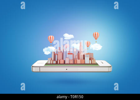 3D-Rendering von einem Smartphone horizontal schwebenden mit einer modernen Stadt, die sich aus seinen Bildschirm mit Wolken und Heißluftballons über dem Hochhaus Stockfoto
