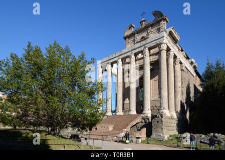 Tempel von Antonius und Faustina 141 AD, später umgewandelt in die Kirche von San Lornza in Miranda, auf der Via Sacra Römerstraße in das Forum Romanum, Rom, Italien Stockfoto