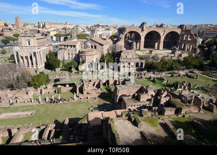 Panoramablick über das Forum Rom mit (unten l) Haus der Vestalinnen & (oben rechts) Basilika von Maxentius & Constantin (312 AD), Rom, Italien Stockfoto