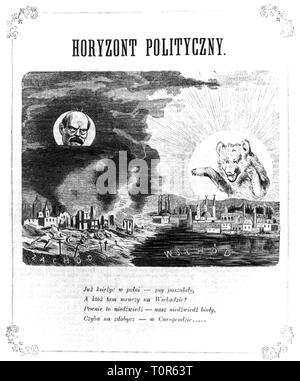 Politik, Europa, Karikatur, der Mond Bismarck über dem Schlachtfeld im Westen, die Sonne Russland scheint Späht im Osten an Konstantinopel, "politischen Horizont", Zeichnen, "jabel", Krakau, 22.11.1870, Additional-Rights - Clearance-Info - Not-Available Stockfoto