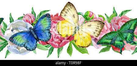 Nahtlose florale mit bunten Schmetterlingen und Pfingstrosen auf weißem Hintergrund. Künstlerische Gestaltung für Blumenmuster für Verpackungen, Textilien, Tapeten, Stockfoto