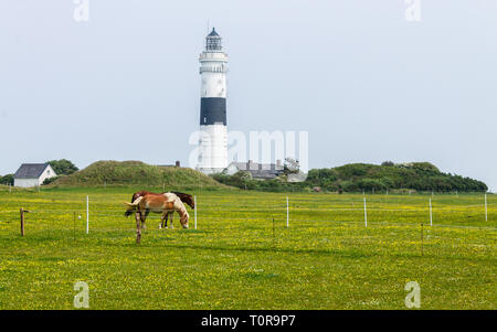 Leuchtturm 'Langer Christian ' innerhalb einer Dünenlandschaft mit Bauernhof und Pferde. In List auf Sylt, Schleswig-Holstein, Deutschland. Norden, Europa Stockfoto