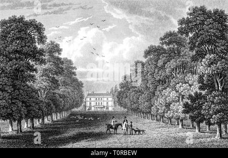 Gravieren von Hempstead die Residenz des Lord John Thomas Henry Somerset, Gloucestershire UK bei hoher Auflösung aus einem Buch 1825 veröffentlicht gescannt. Stockfoto