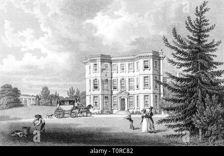 Eine Gravur der Alderley Haus, Sitz der Robert Hale Blagdon Hale, Gloucestershire, UK gescannt und in hoher Auflösung aus einem Buch 1825 veröffentlicht. Stockfoto