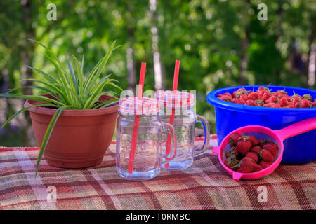 Selbstgemachte Erdbeer Limonade in Gläser. Im Sommer kühlen erfrischenden Drink. Trinken in der Natur. Strawberry Berry und kohlensäurehaltige Getränke Stockfoto