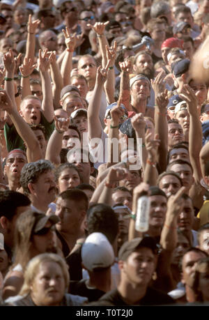 Konzert Lüfter sind mit den Armen über dem Kopf während eines Open-Air-Konzert Ereignis ausgelöst. Stockfoto